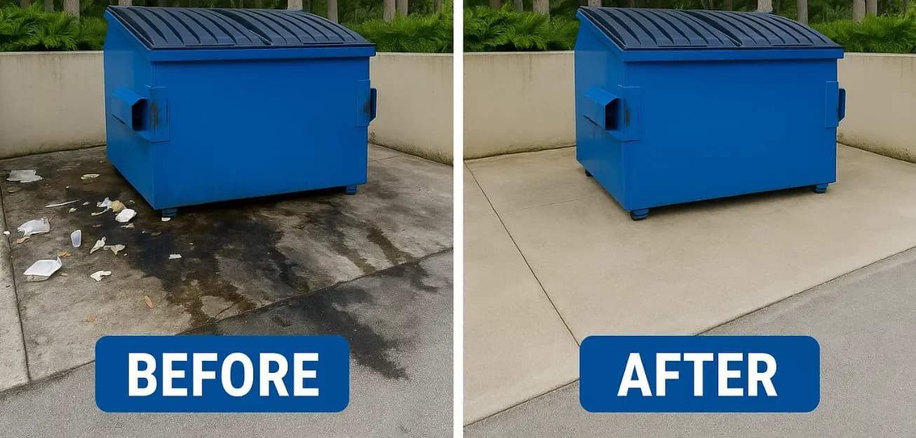 Before and after of a commercial dumpster pad cleaned of stains and buildup