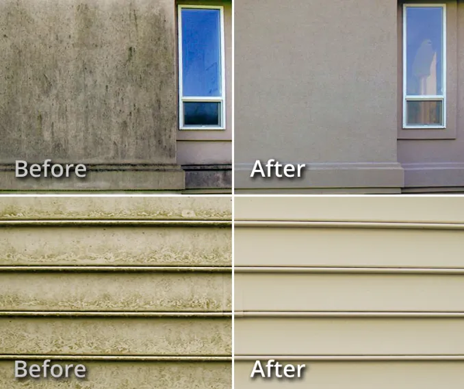 Before and after of house stucco and siding soft-washed clean
