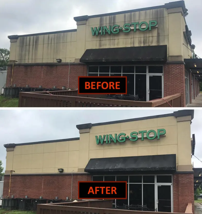 Before and after of a commercial storefront building wash