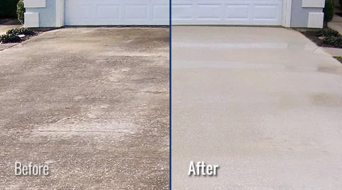 Before and after of a residential concrete driveway cleaned to an even finish